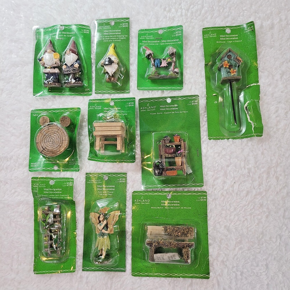 Ashland Mini Fairy Garden Decor Lot 9 Gnomes Birdhouse Bench NIP Fantasy Whimsy